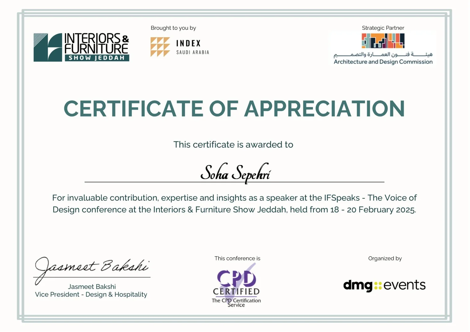 Certificate of Appreciation — speaker at IFSpeaks, Interiors & Furniture Show Jeddah 2025
