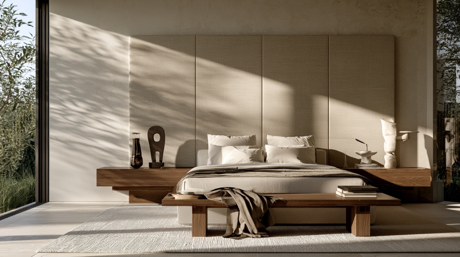 A minimal bedroom in linen and soft daylight