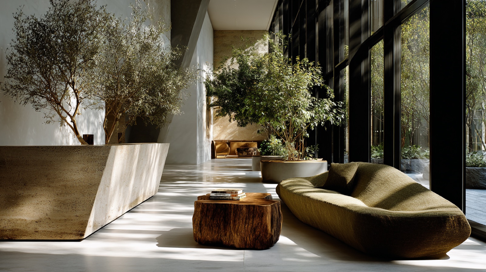 Biophilic academy lobby in travertine and olive