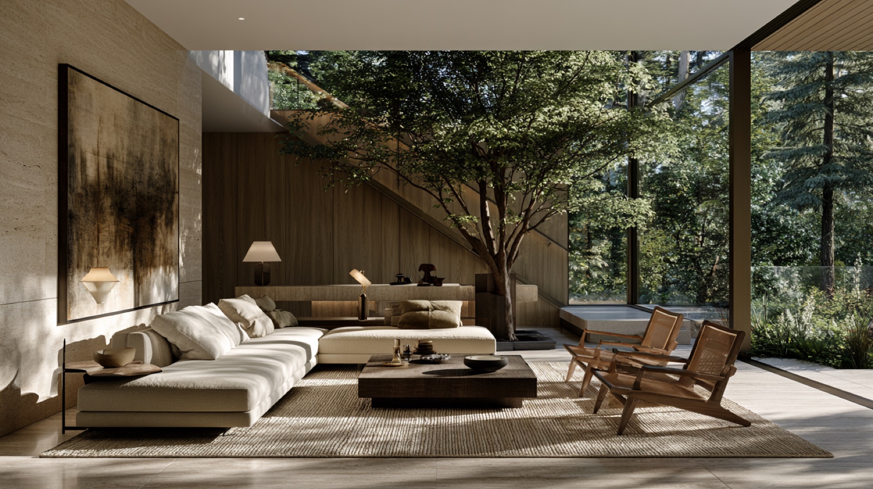 A biophilic living room opening onto a tree courtyard