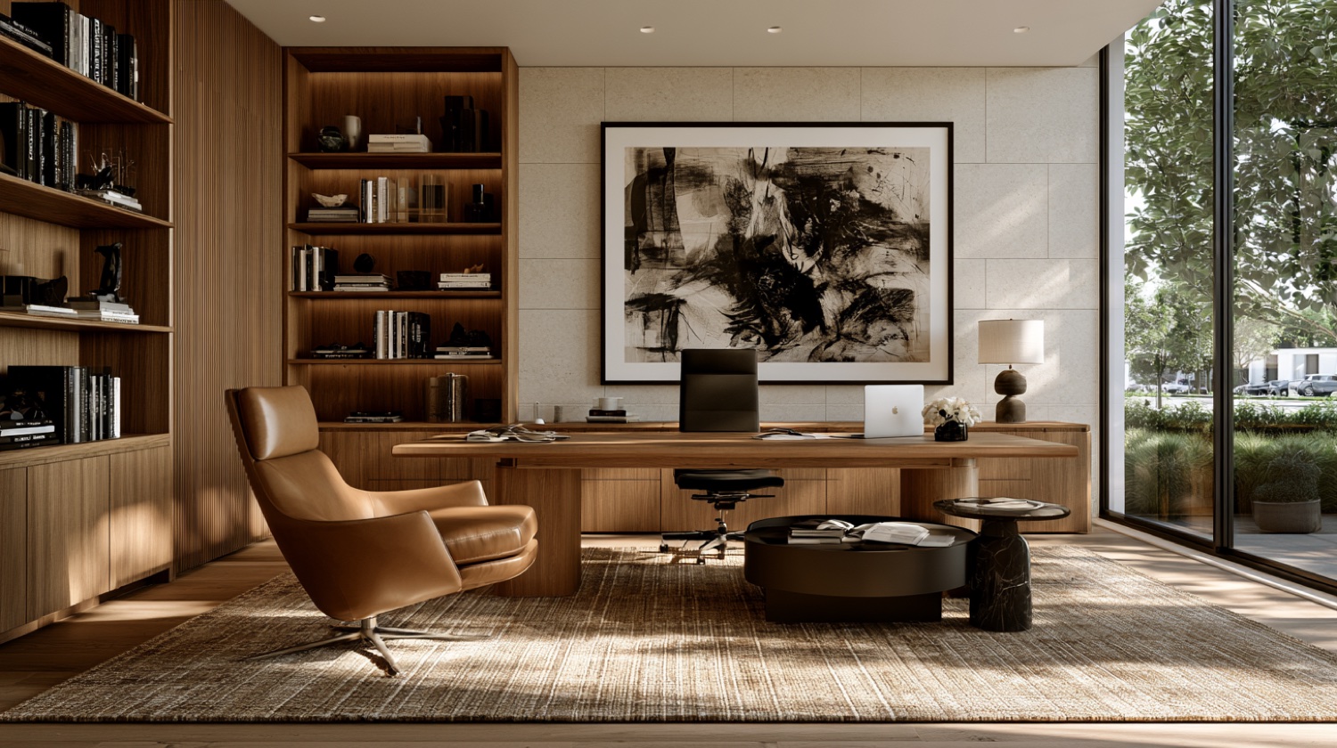 A designer's home office in warm timber