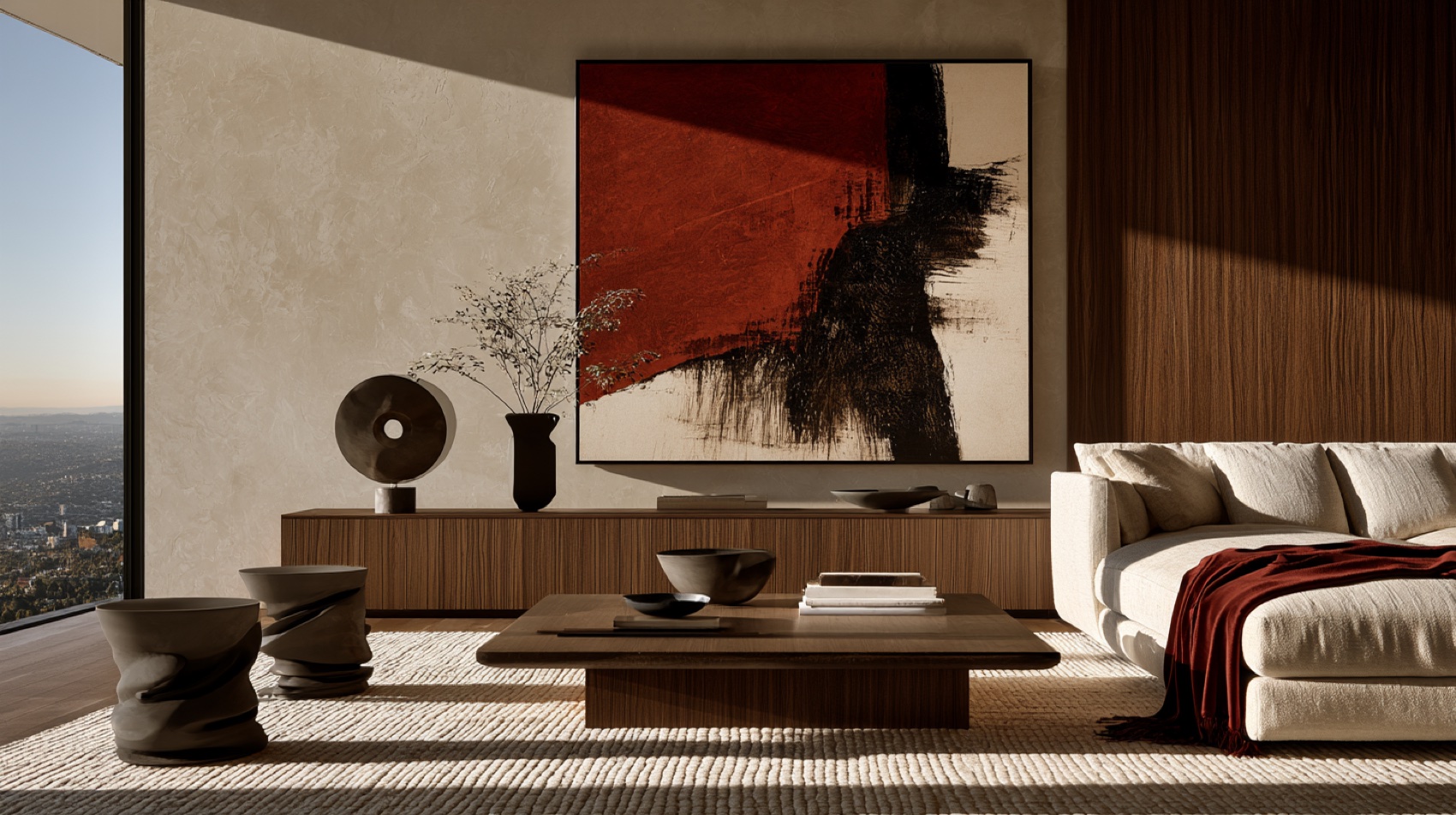 A living room composed around a bold red canvas