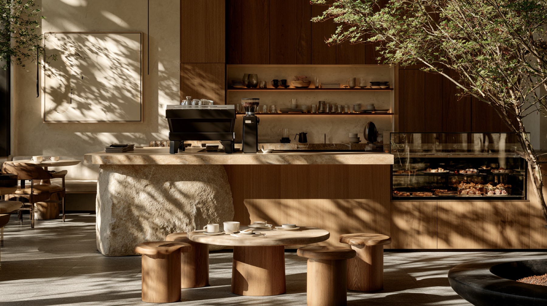 A café study in warm stone and timber