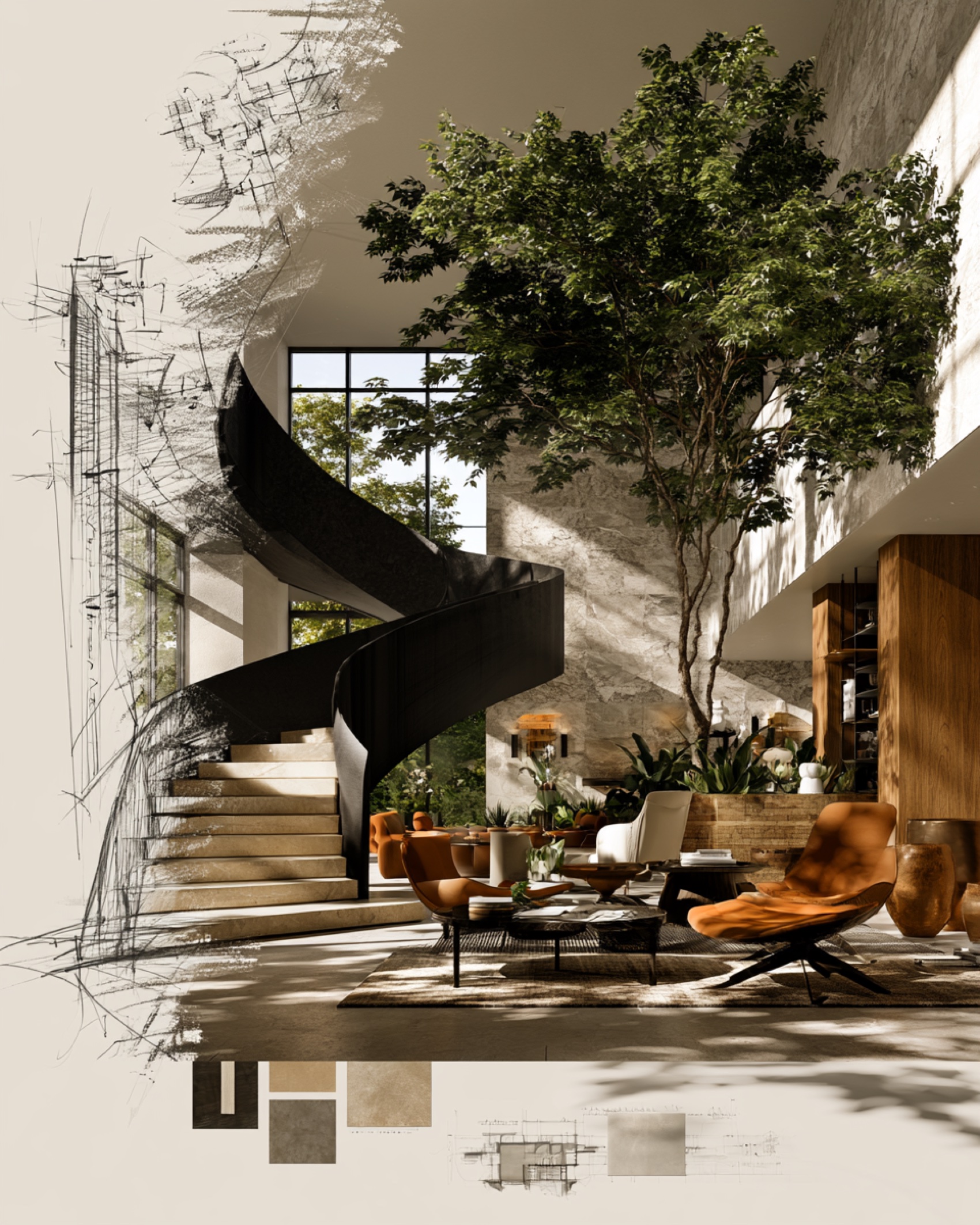 A spiral staircase — half concept sketch, half finished render