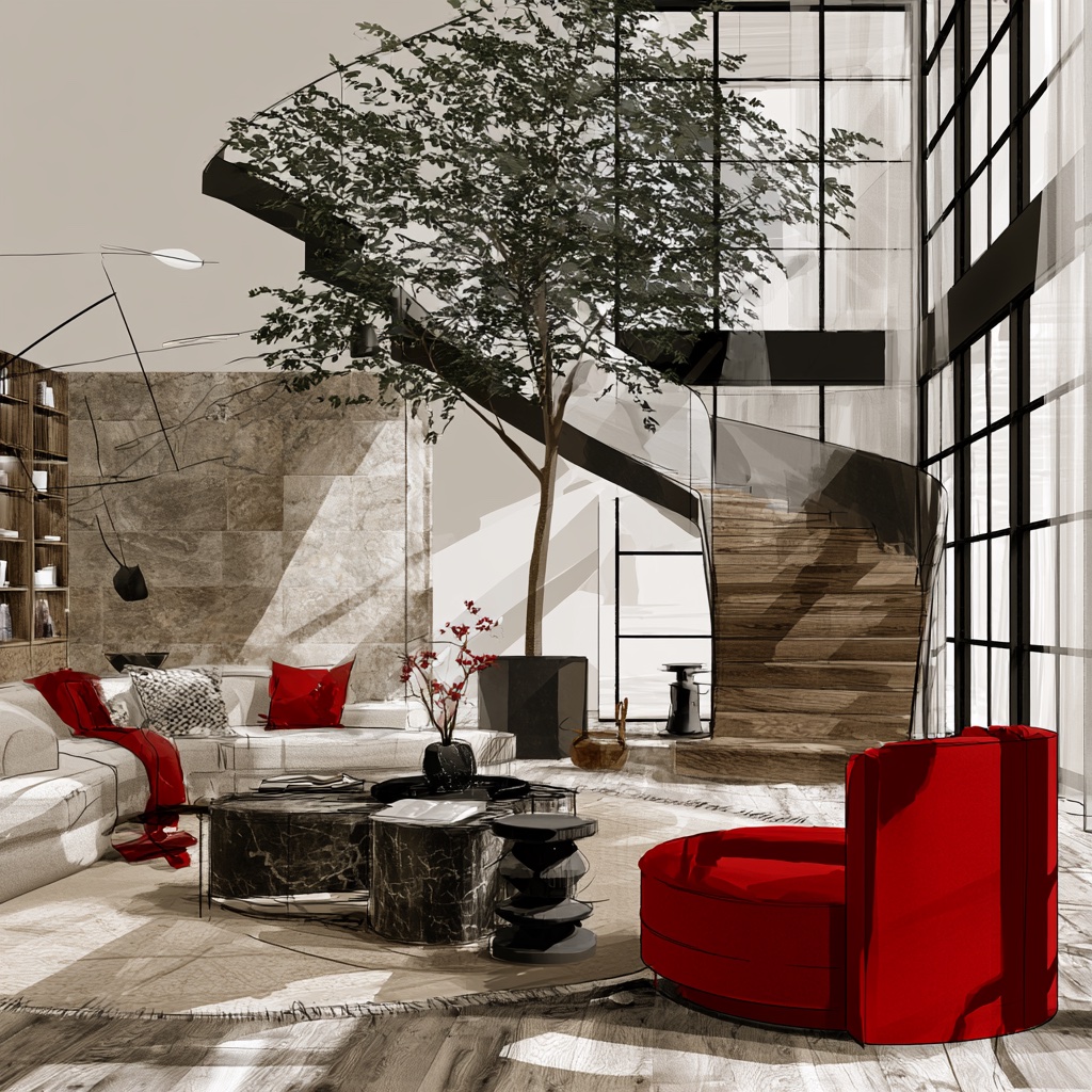 Living space in mixed sketch and render — red seating beneath a spiral stair