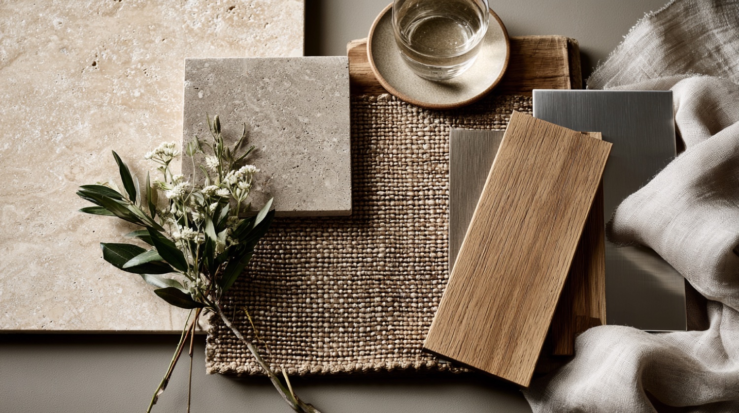 Material flat-lay — travertine, weave and oak
