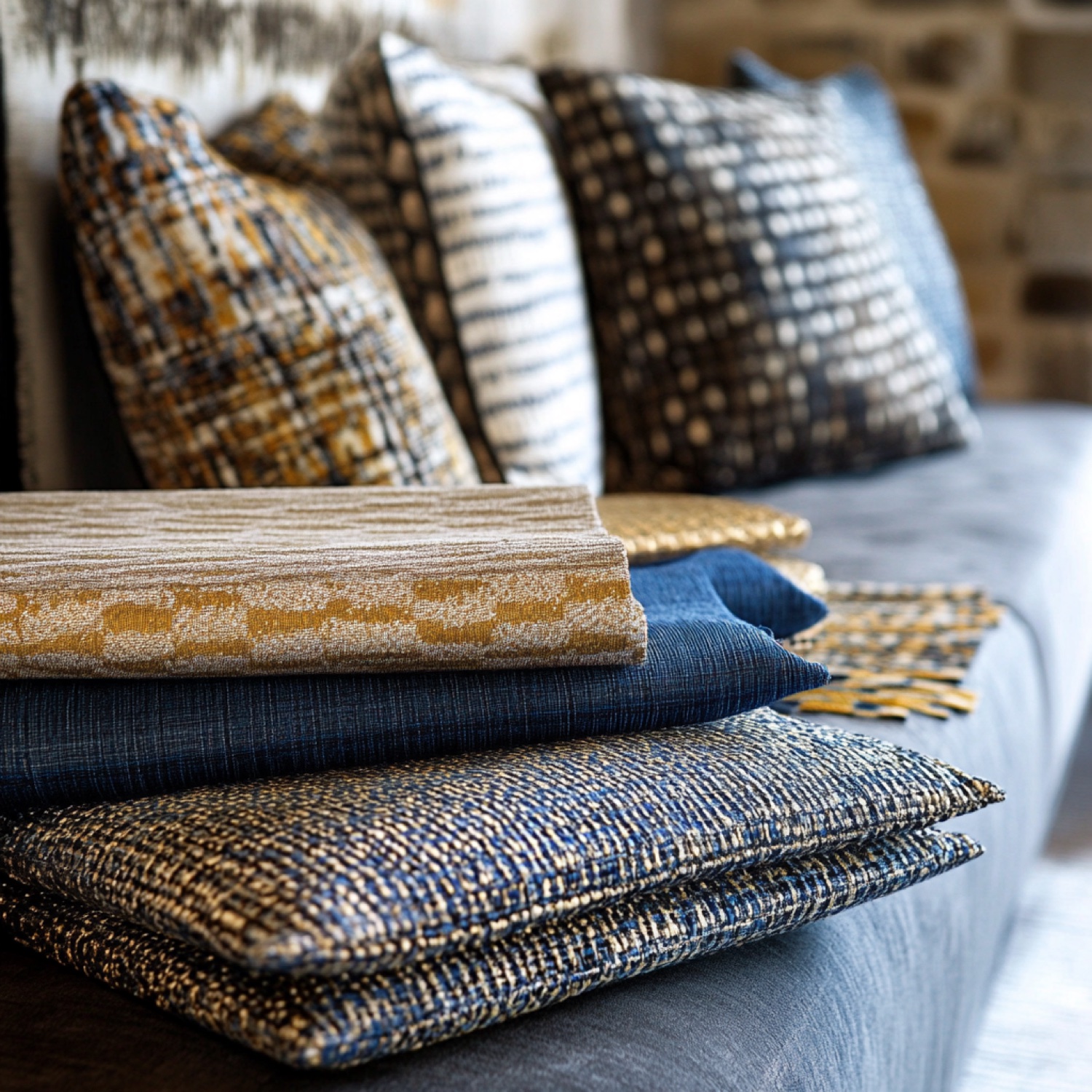 Textile study in mustard and indigo