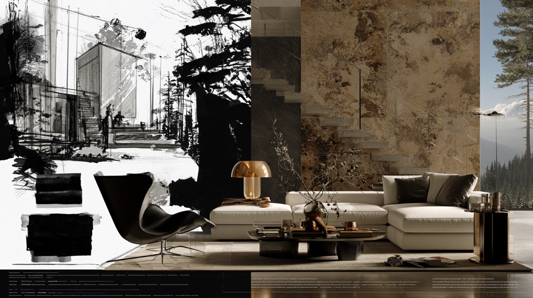 A room in two readings — hand sketch and finished render side by side