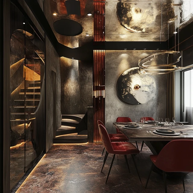Developed interior render with red seating