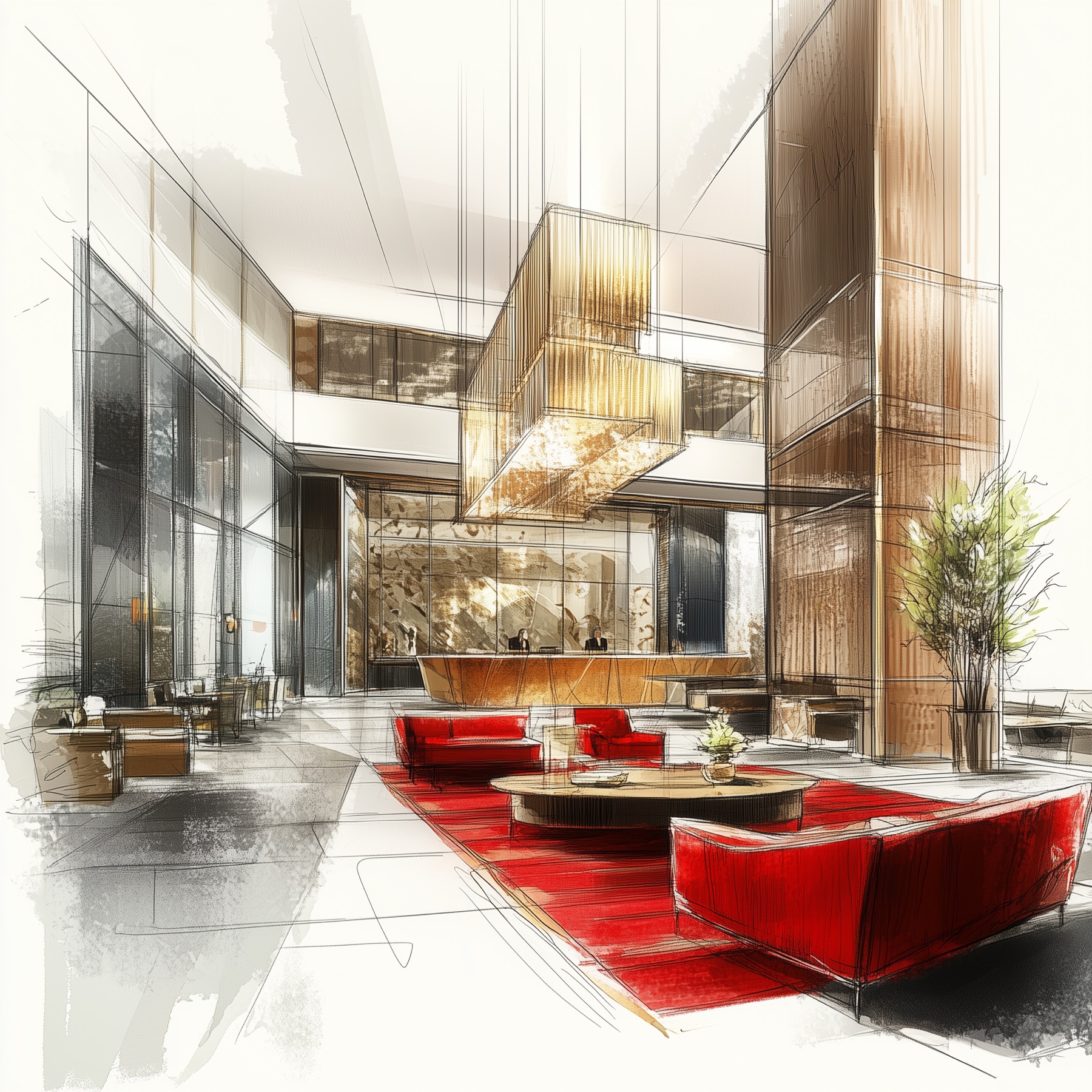 Hand sketch of a lobby with red seating