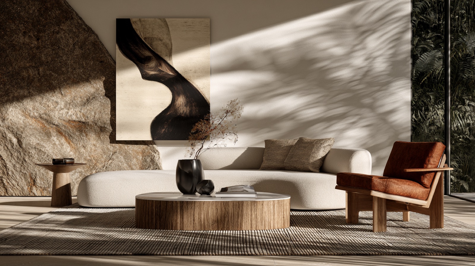 Afternoon light and shadow across stone, boucle and timber