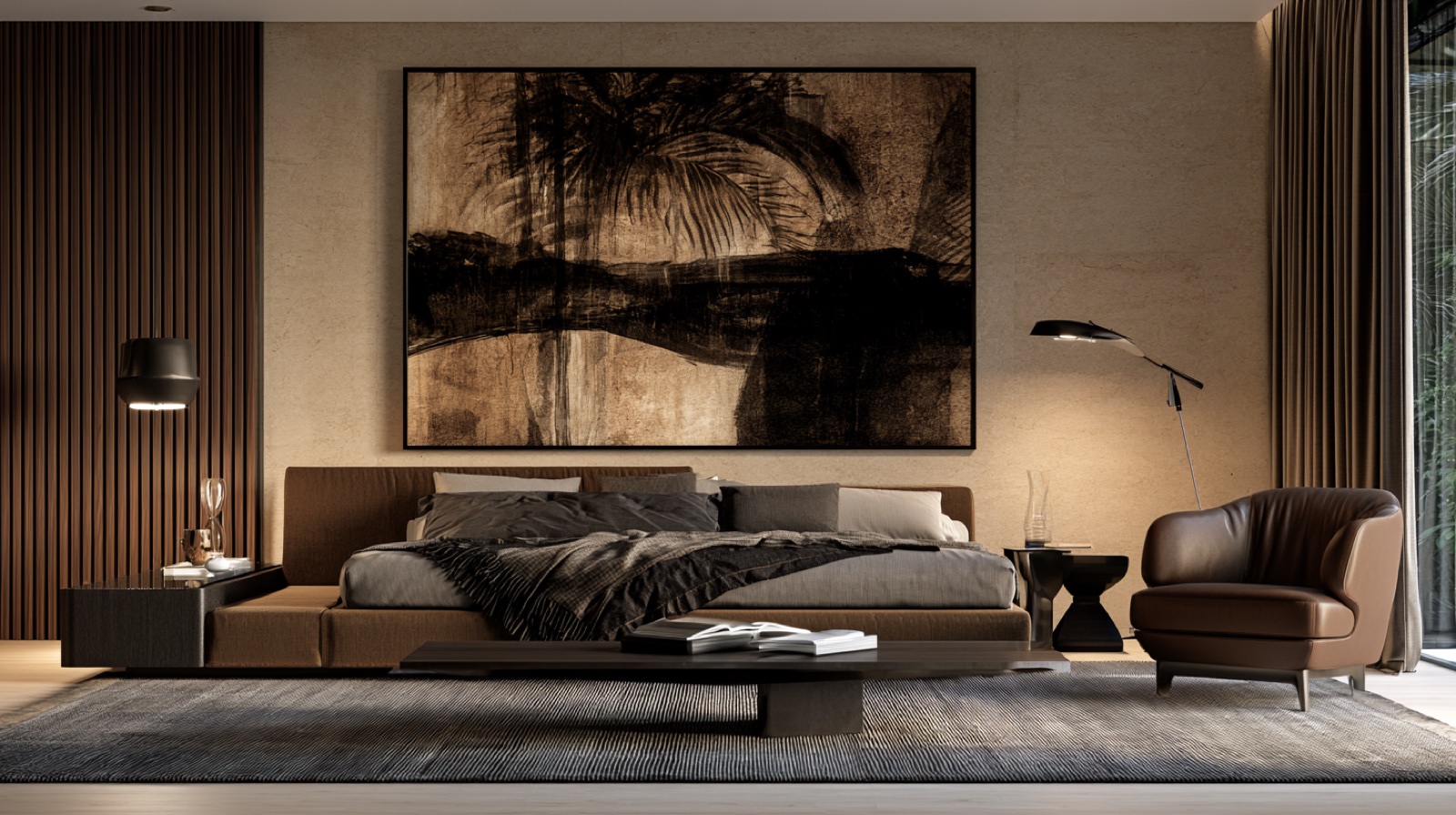 A bedroom resolved around a single commanding artwork